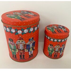 Christmas Nutcracker Red Nesting Metal Cookie Tin Holiday Trinket Storage Setof2